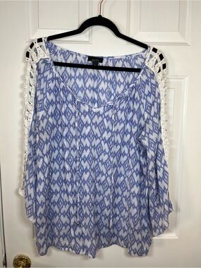 Alyx Light Blue Ikat Crochet-Trim Women's Blouse